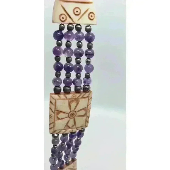 Amethyst & Sterling Silver Bead Bracelet With Resin Accents Multi Strand Vintage - Picture 10 of 10
